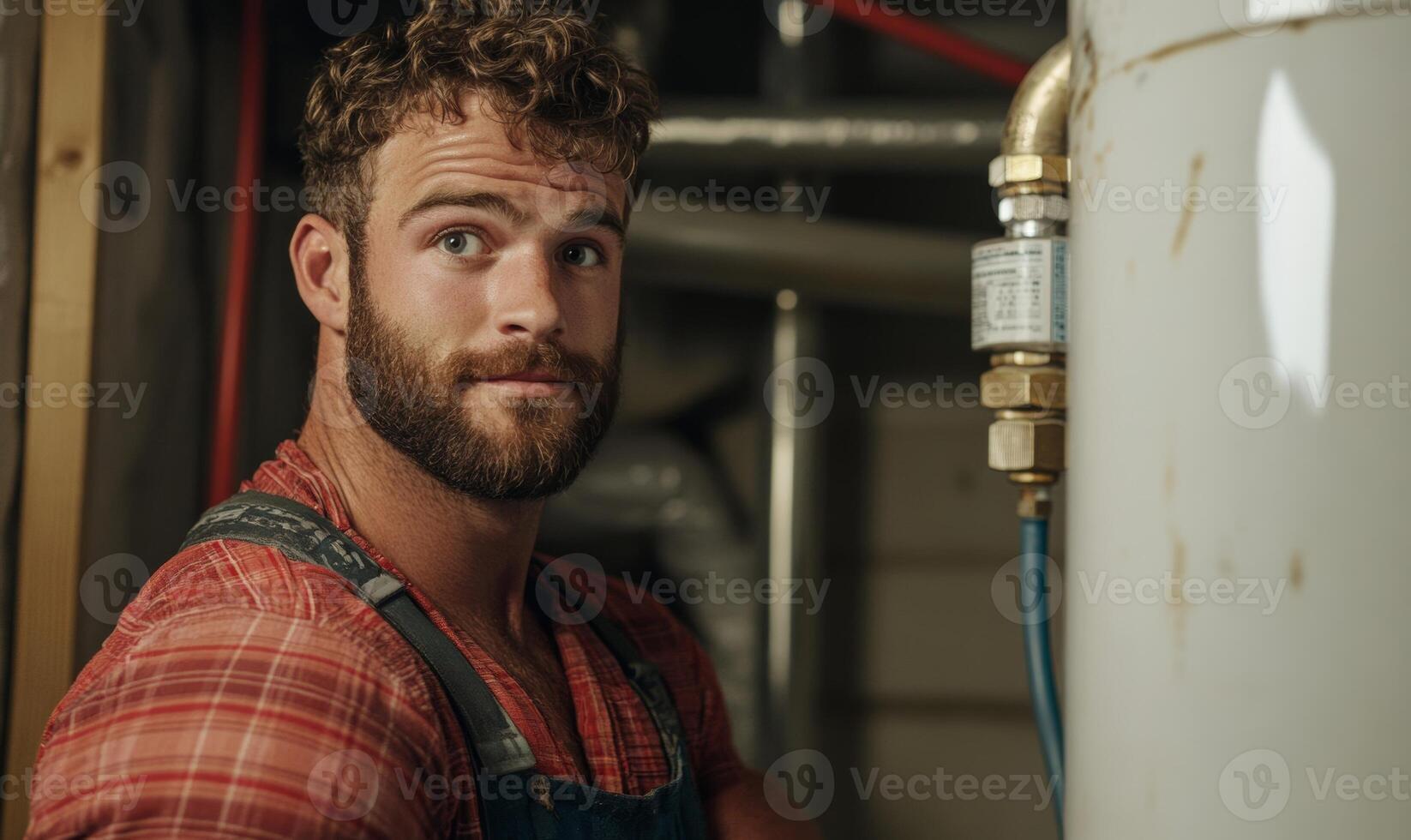 Plumber inspecting water heater and pipes, focusing on installation photo