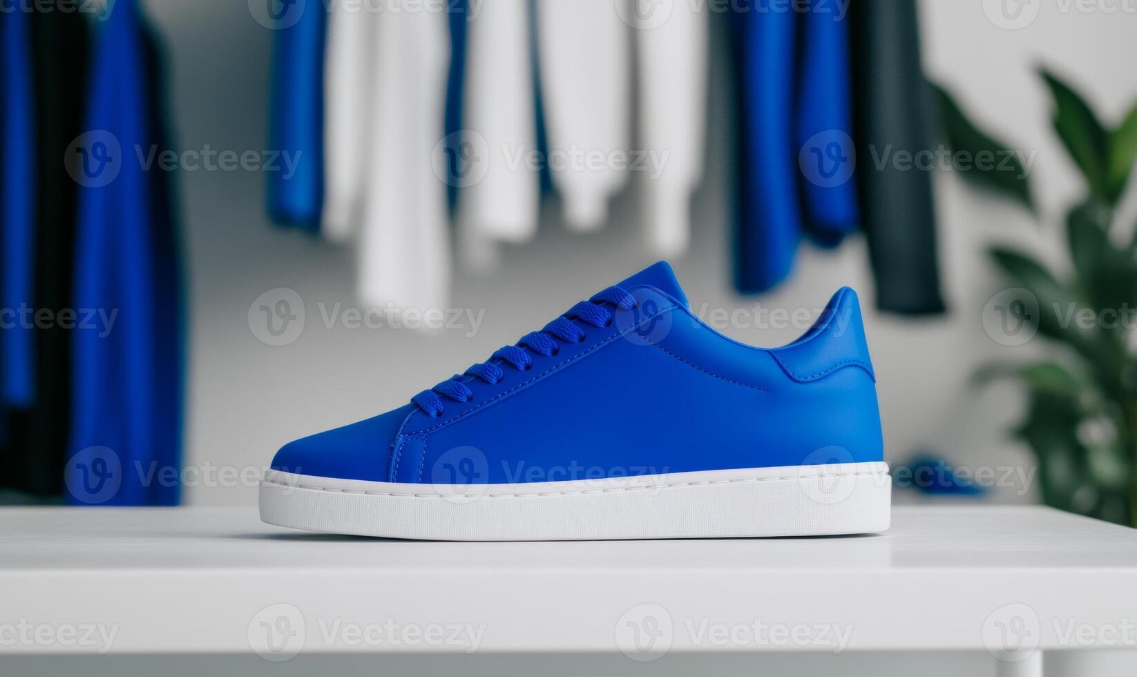 Mobile shopping User orders sneakers and clothes via app, home delivery Vibrant blue and white photo