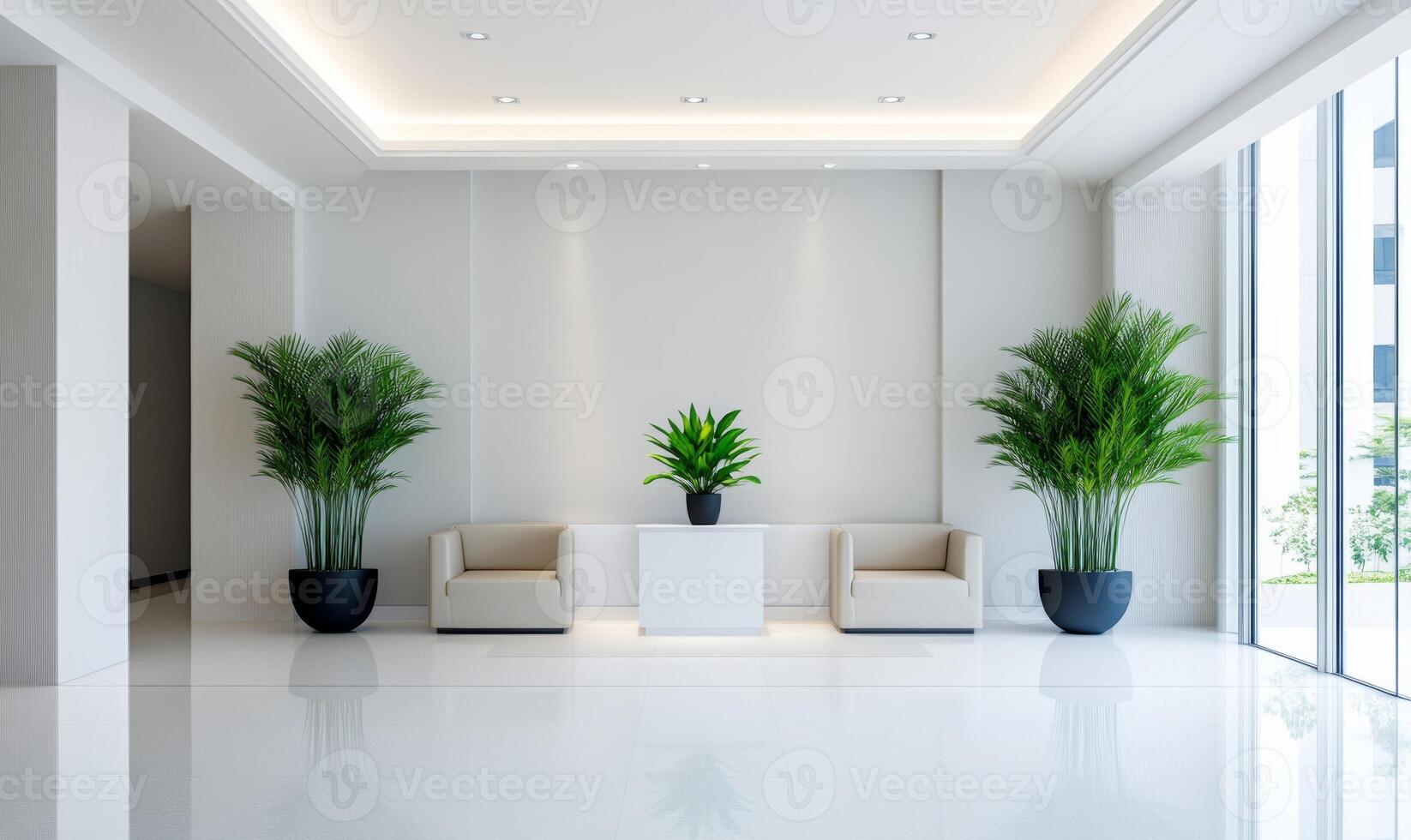 dental clinic reception with sleek furniture, calming blue and white tones, bright lighting, welcoming atmosphere photo