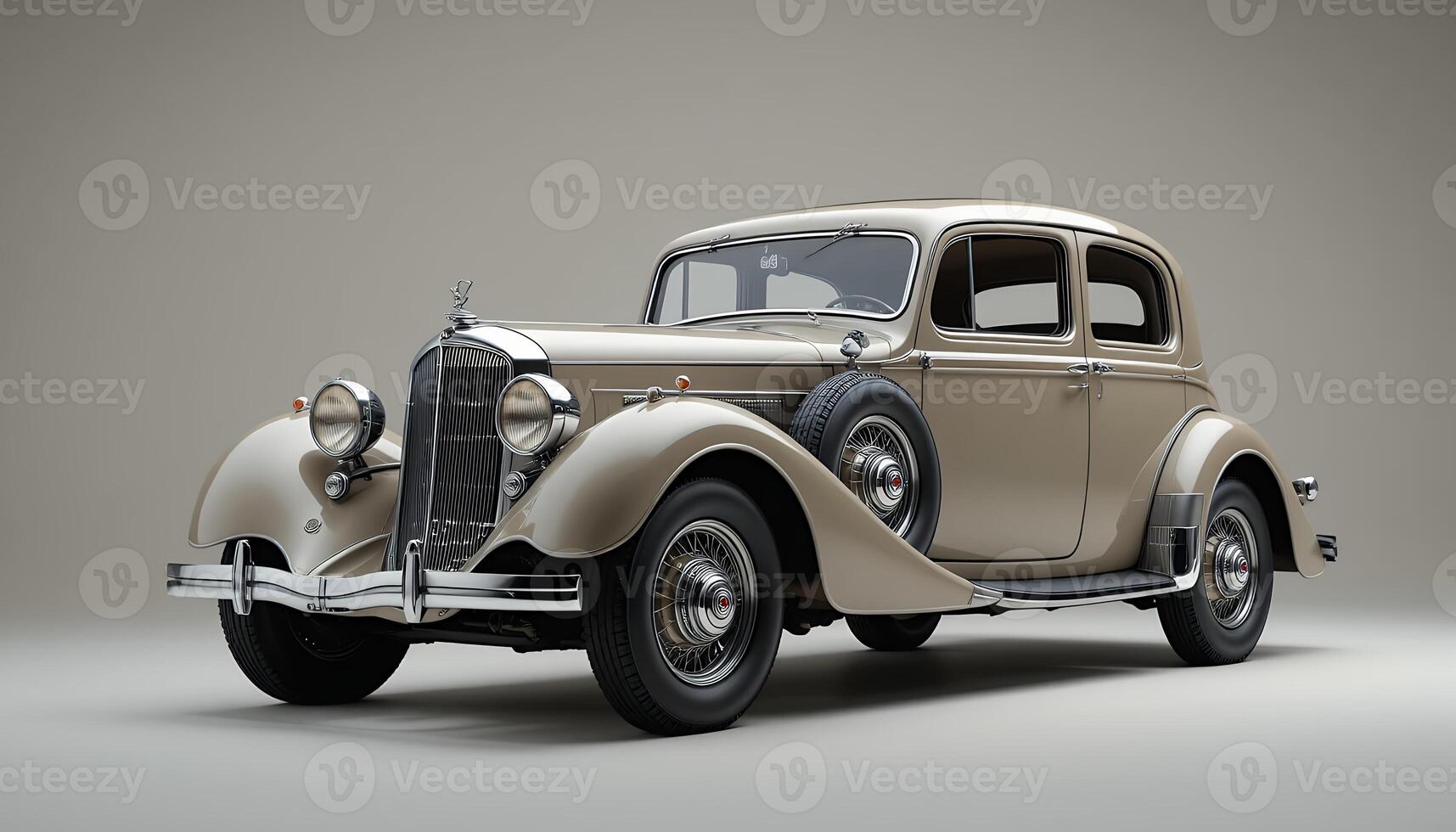 A classic beige vintage car with chrome details is displayed on a plain background photo