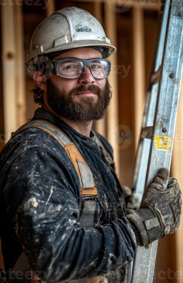 Bearded construction worker in black overalls carrying aluminum ladder indoors photo