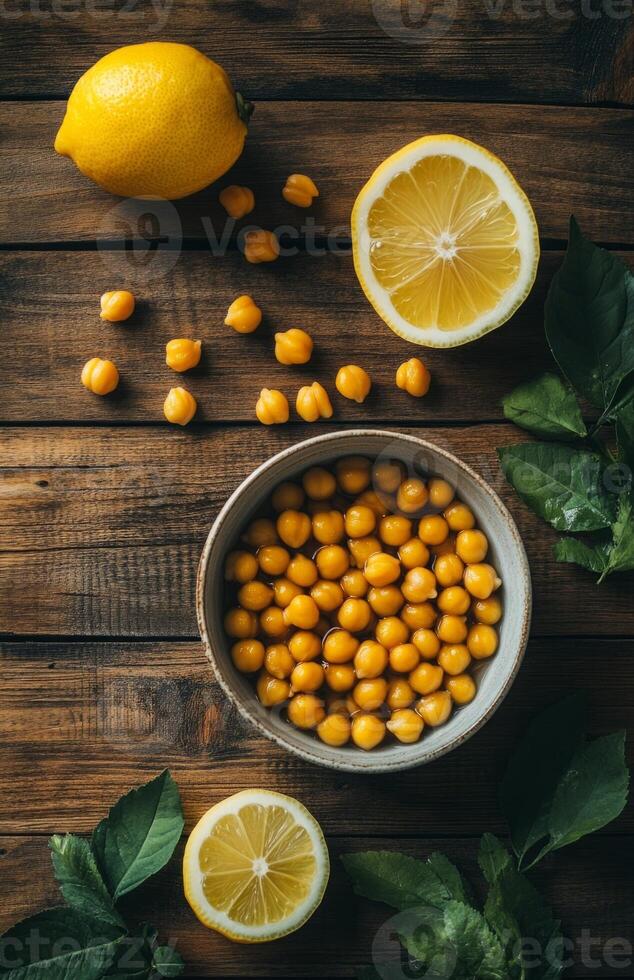 Roasted chickpeas with turmeric and lemon on rustic wooden table photo