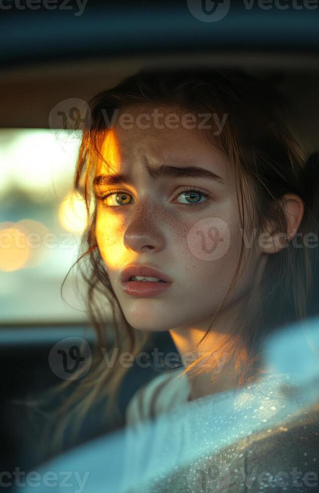 A young woman is looking out the window of a car photo