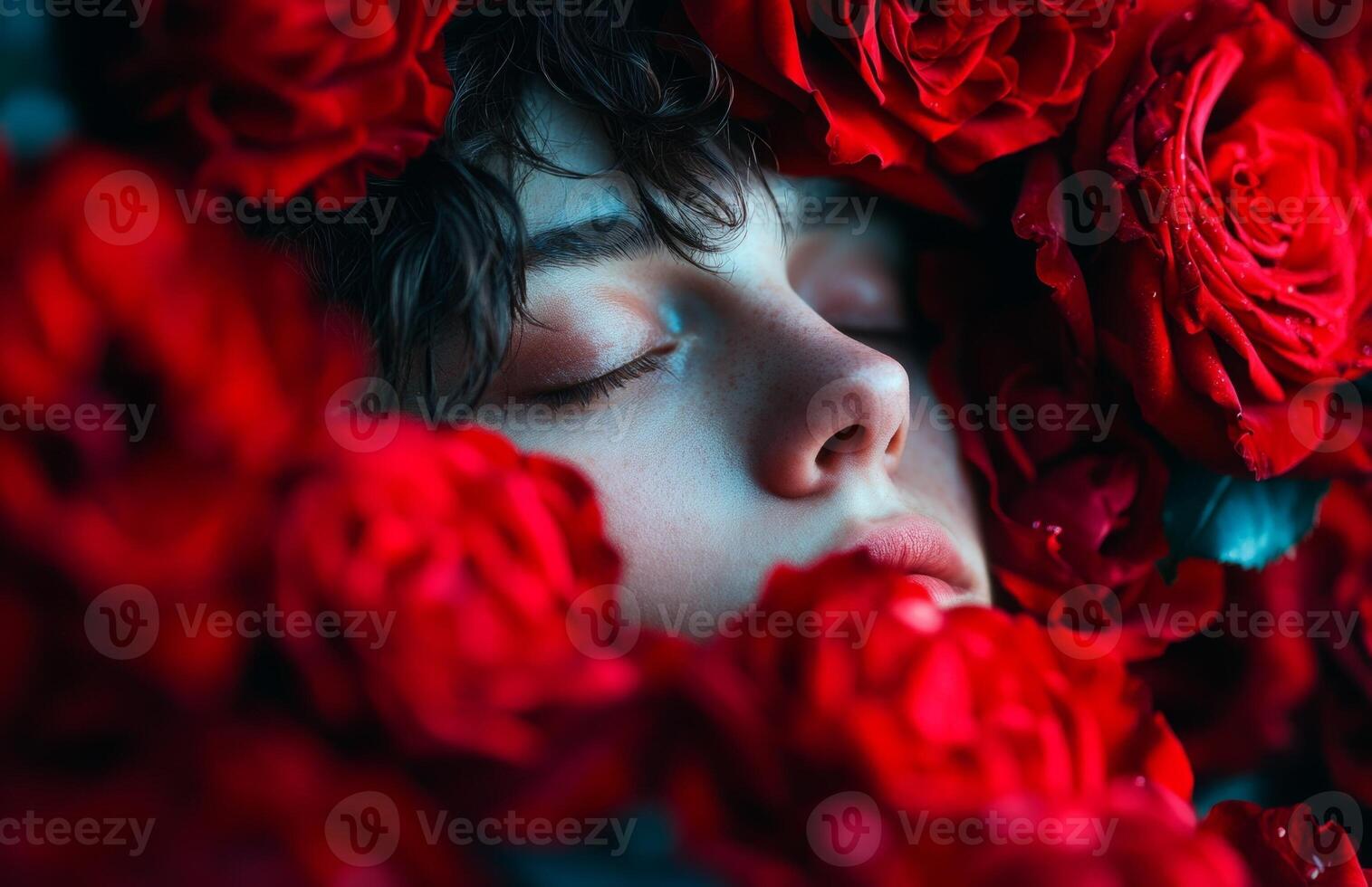 Androgynous person with closed eyes surrounded by red roses photo