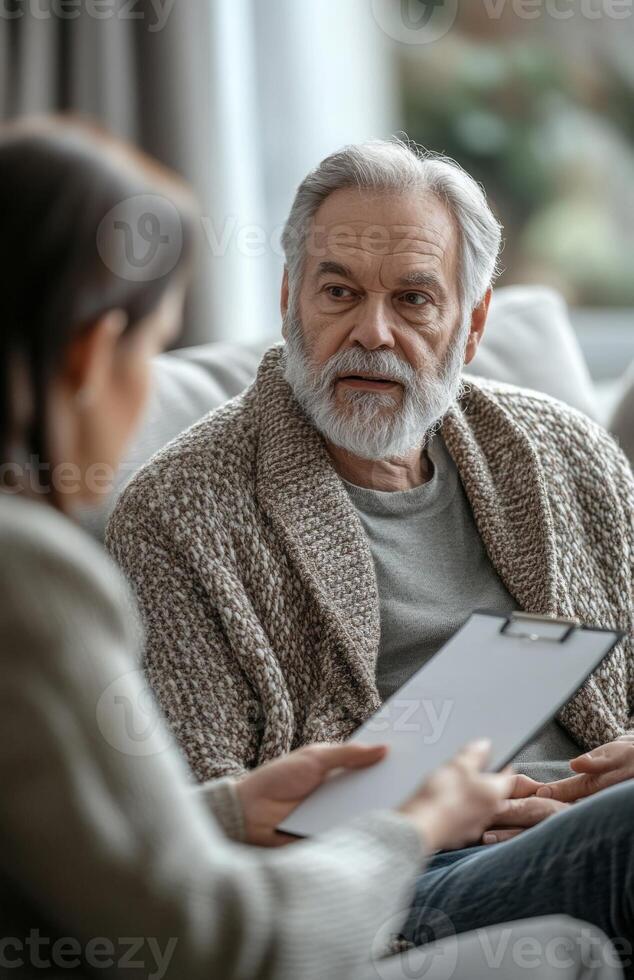A man with a beard and a woman talking to him photo