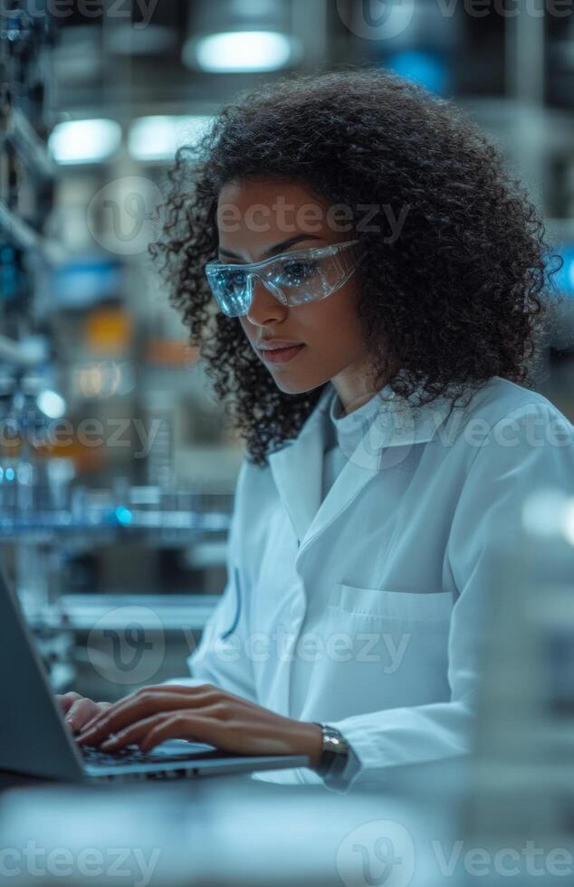 Female scientist working with laptop in modern medical laboratory setting photo