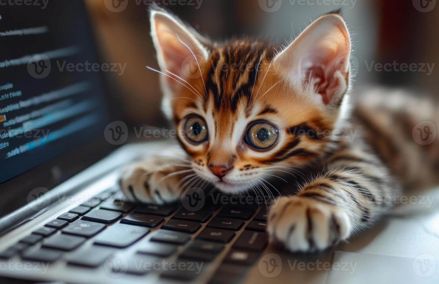 Cute small Bengal kitten with tiger stripes on laptop keyboard photo