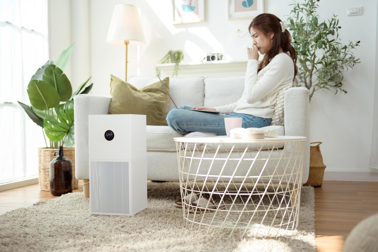 A Woman Using Air Purifier While Working on Laptop in Cozy Living Room With Indoor Plants photo