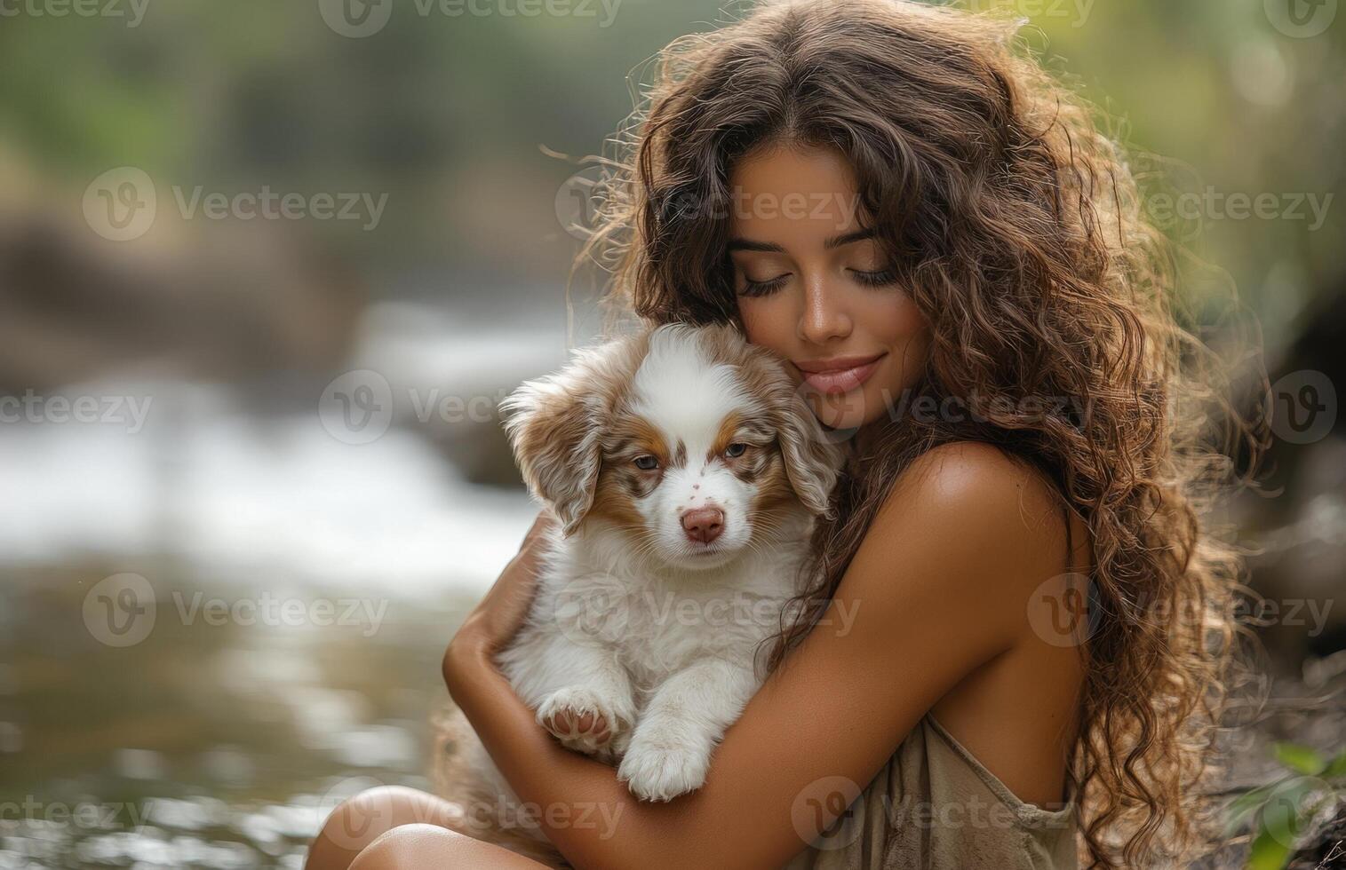 Adorable woman with curly brown hair hugging fluffy puppy by riverside photo