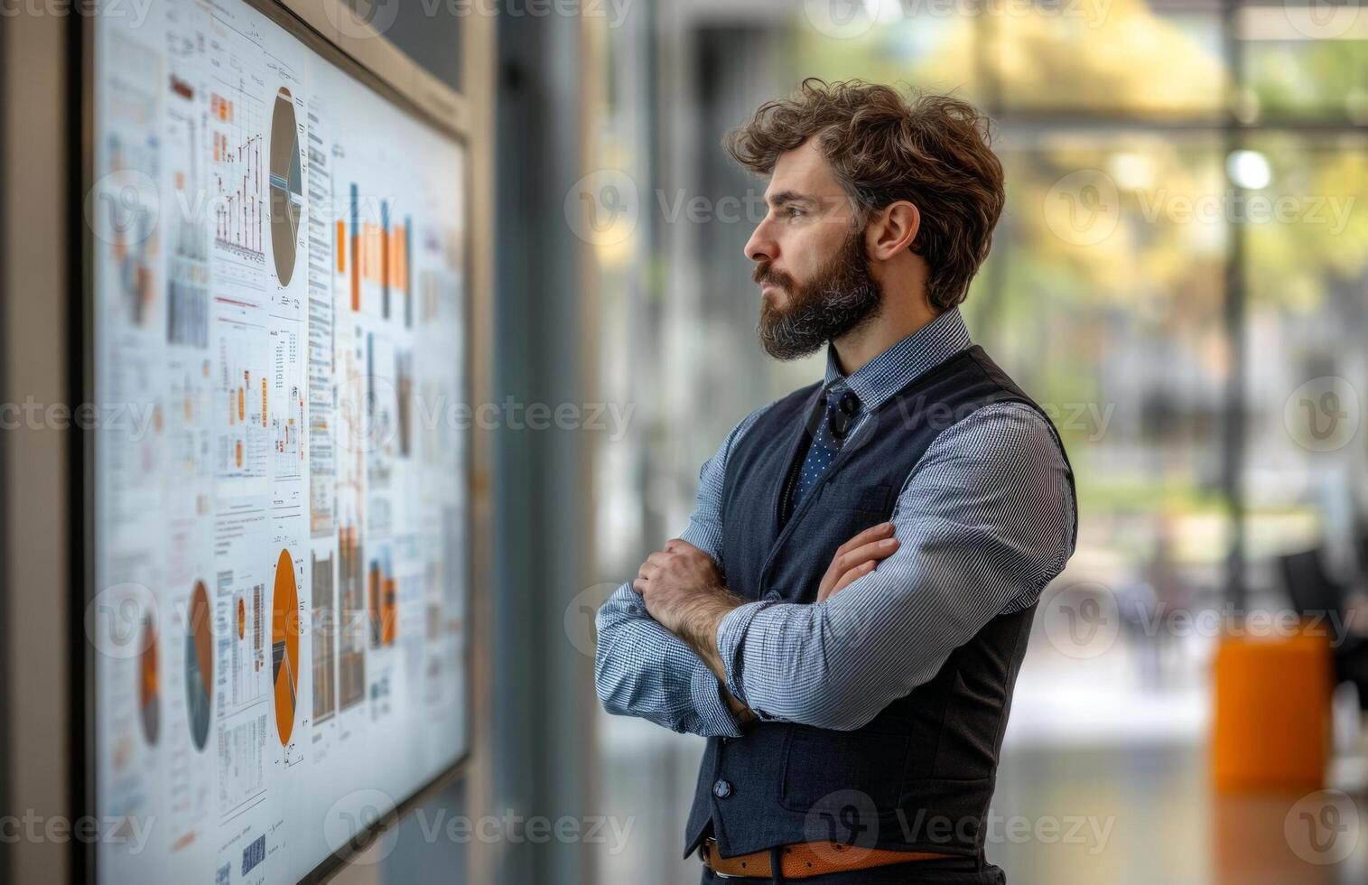 Architect Presenting Project on Whiteboard in Office with Navy Blue Vest and Tie photo