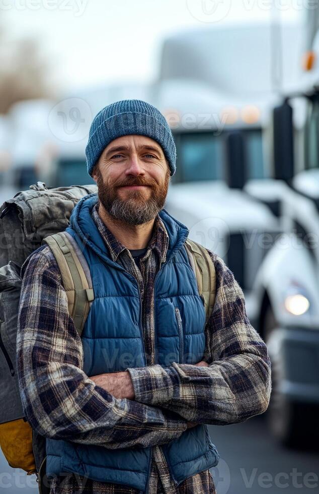 Truck driver in blue vest with backpack stands near white trucks photo