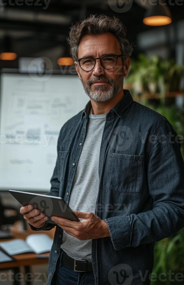 A man with glasses and a beard is holding a tablet photo