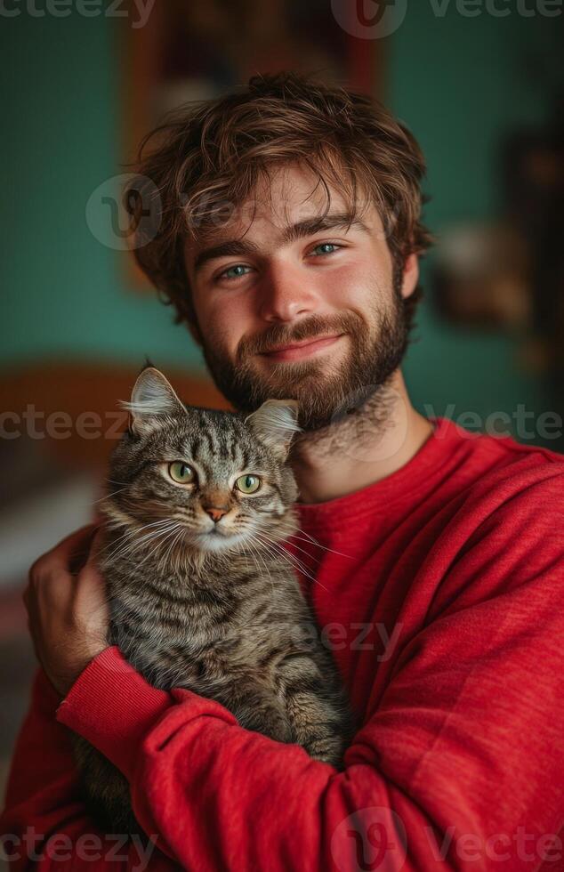 A man with a beard and red sweater holding a cat photo