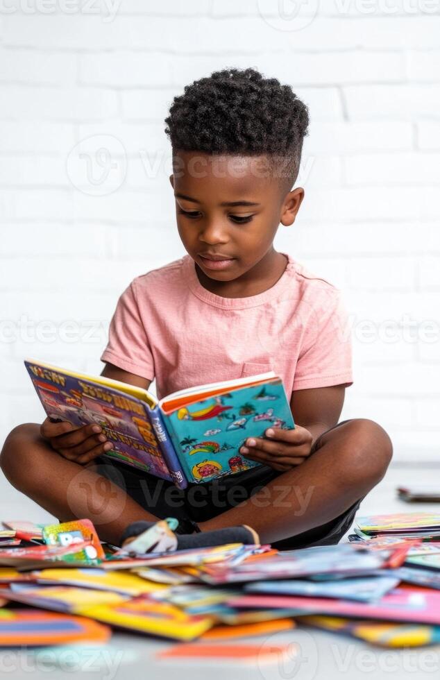 African American Boy Reading Colorful Books on the Floor Surrounded by More Books photo
