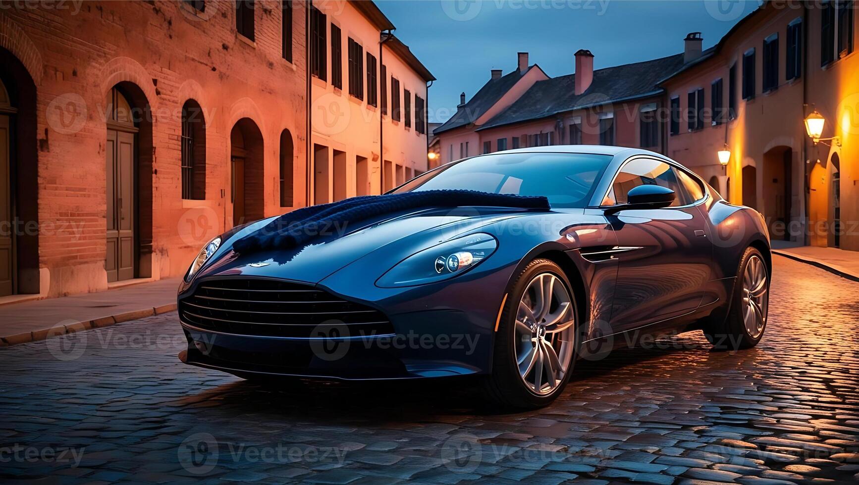 A sleek blue sports car with a scarf on the hood parked on a cobblestone street under warm evening lights. photo