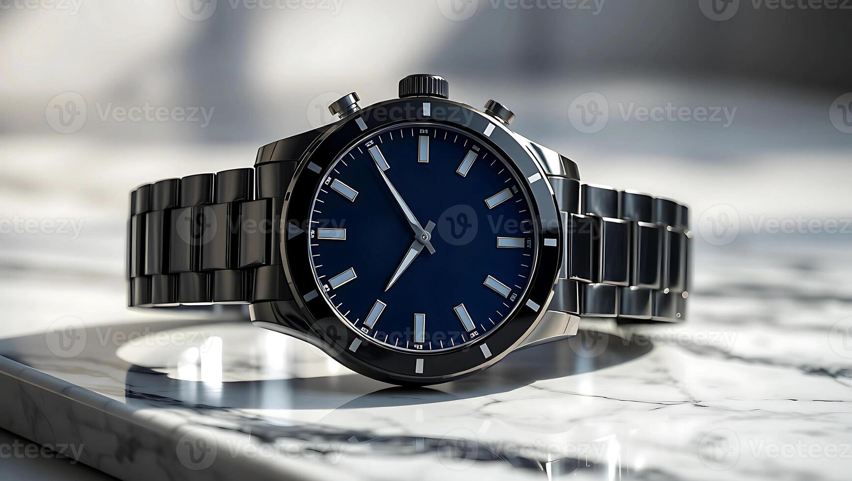 A stylish stainless steel wristwatch with a deep blue dial, sleek hour markers, and a polished bracelet, elegantly displayed on a marble surface with soft lighting. photo