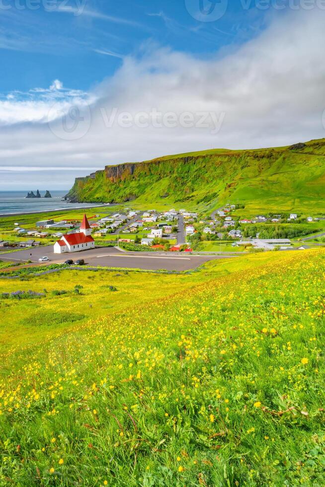 Cover page with basalt stacks Reynisdrangar and yellow meadow flowers at Vik town with Myrdal church, Iceland, at summer sunny day and blue sky. photo