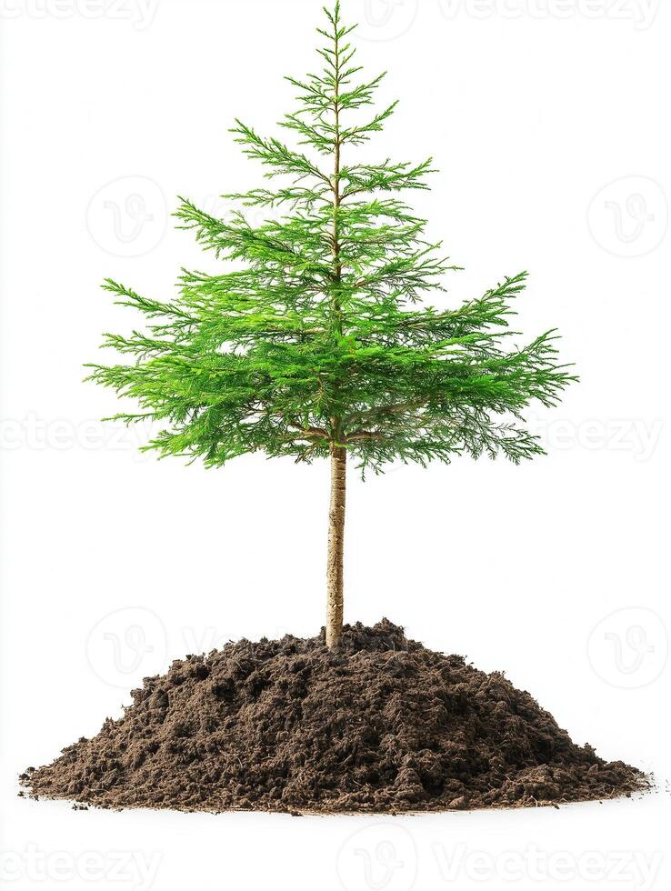 White Cedar above soil, photorealistic White Cedar plant with soil, isolated on white photo