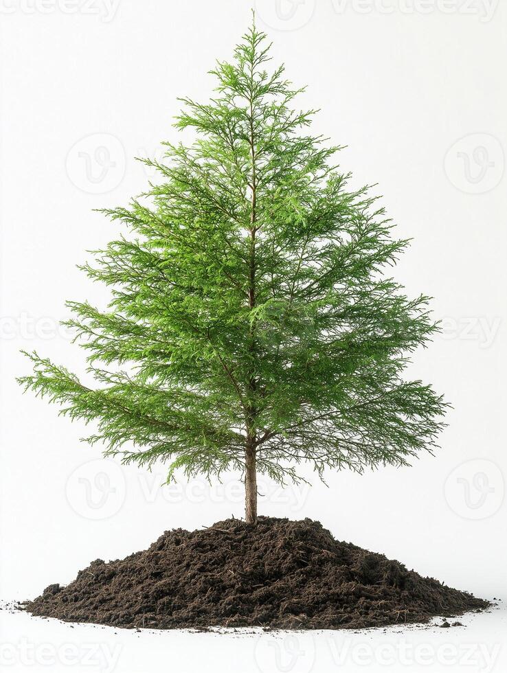 Photorealistic White Cedar with soil, White Cedar plant copy space, isolated on white plant photo