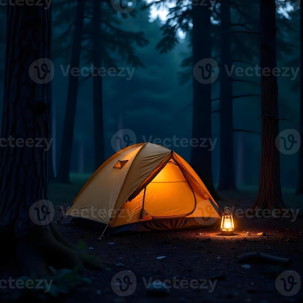 A yellow tent with a lantern in a dark forest with tall trees and a dark blue sky in the background photo