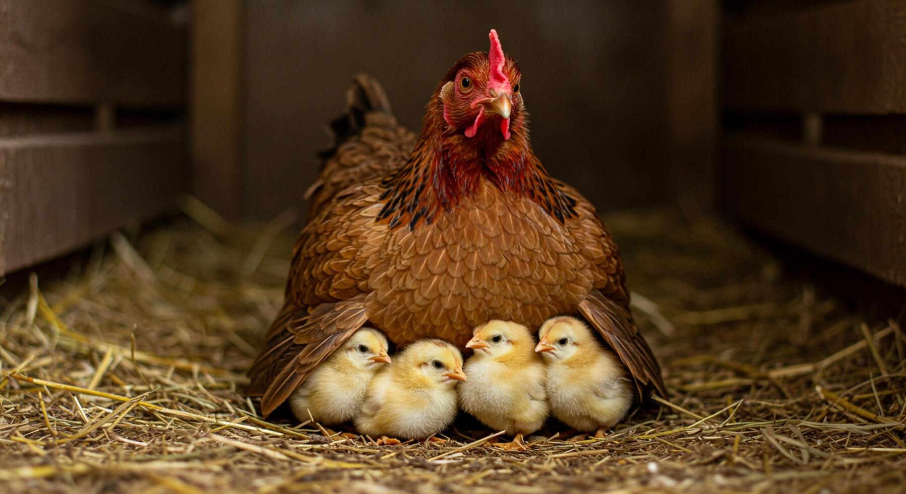 A chicken with her babies in a barn photo