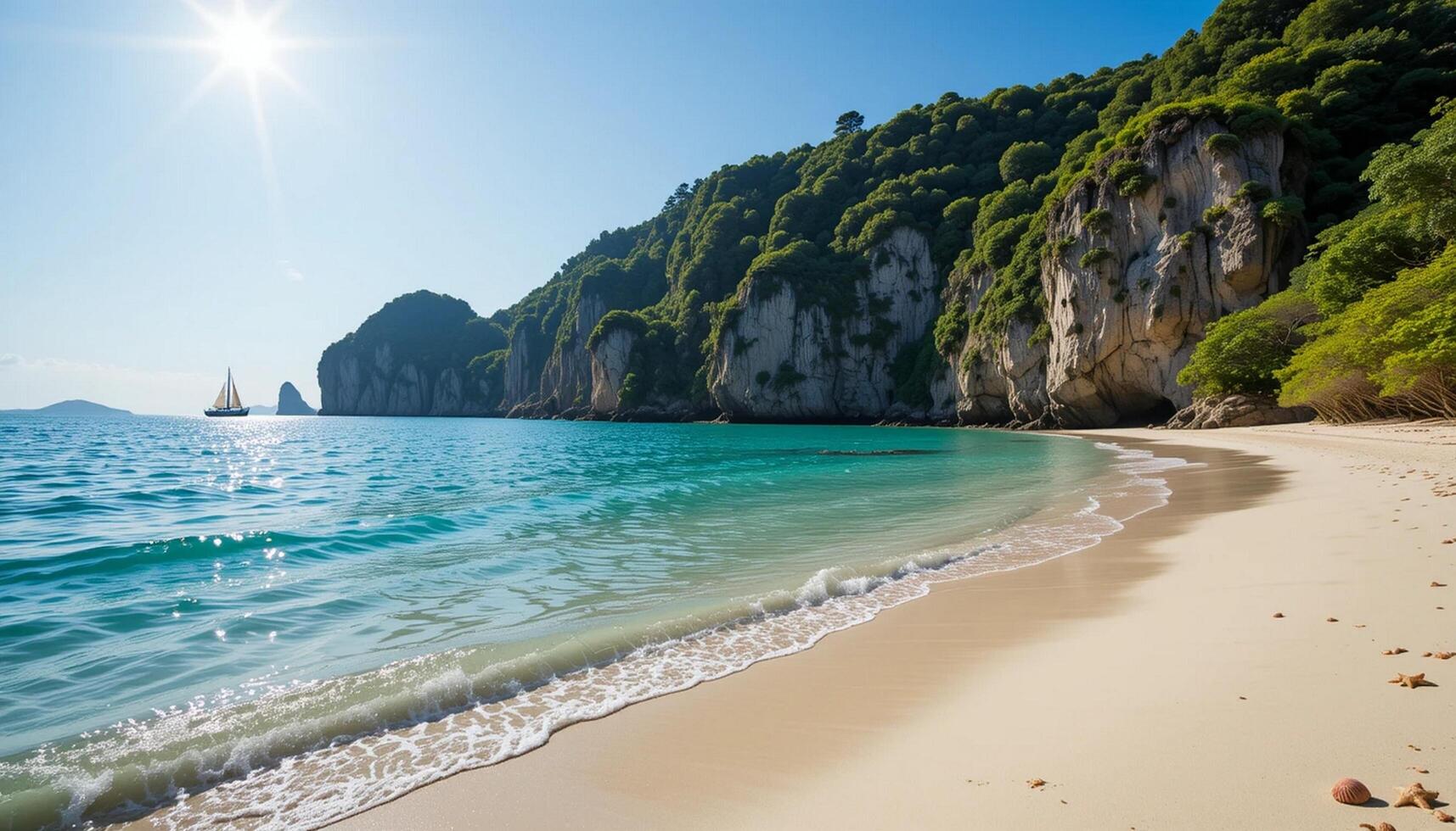 A beach with a boat on the shore and a mountain in the background photo