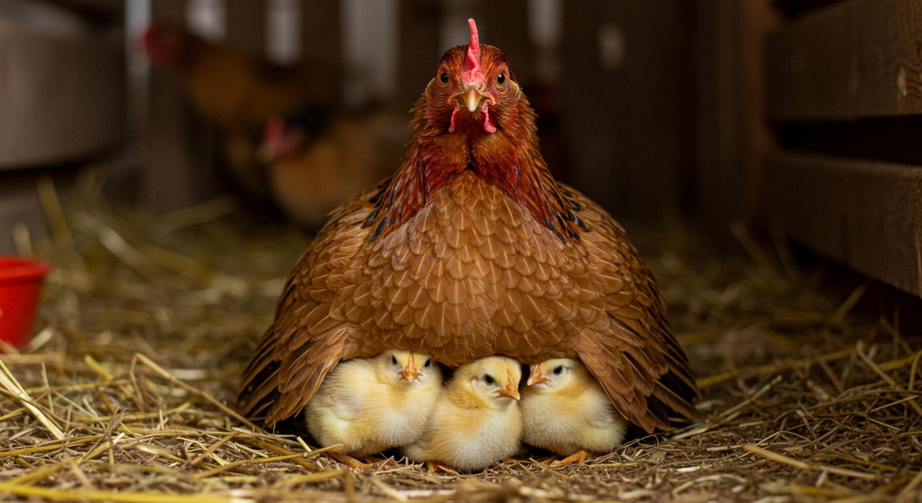 A chicken with two chicks in a pen photo