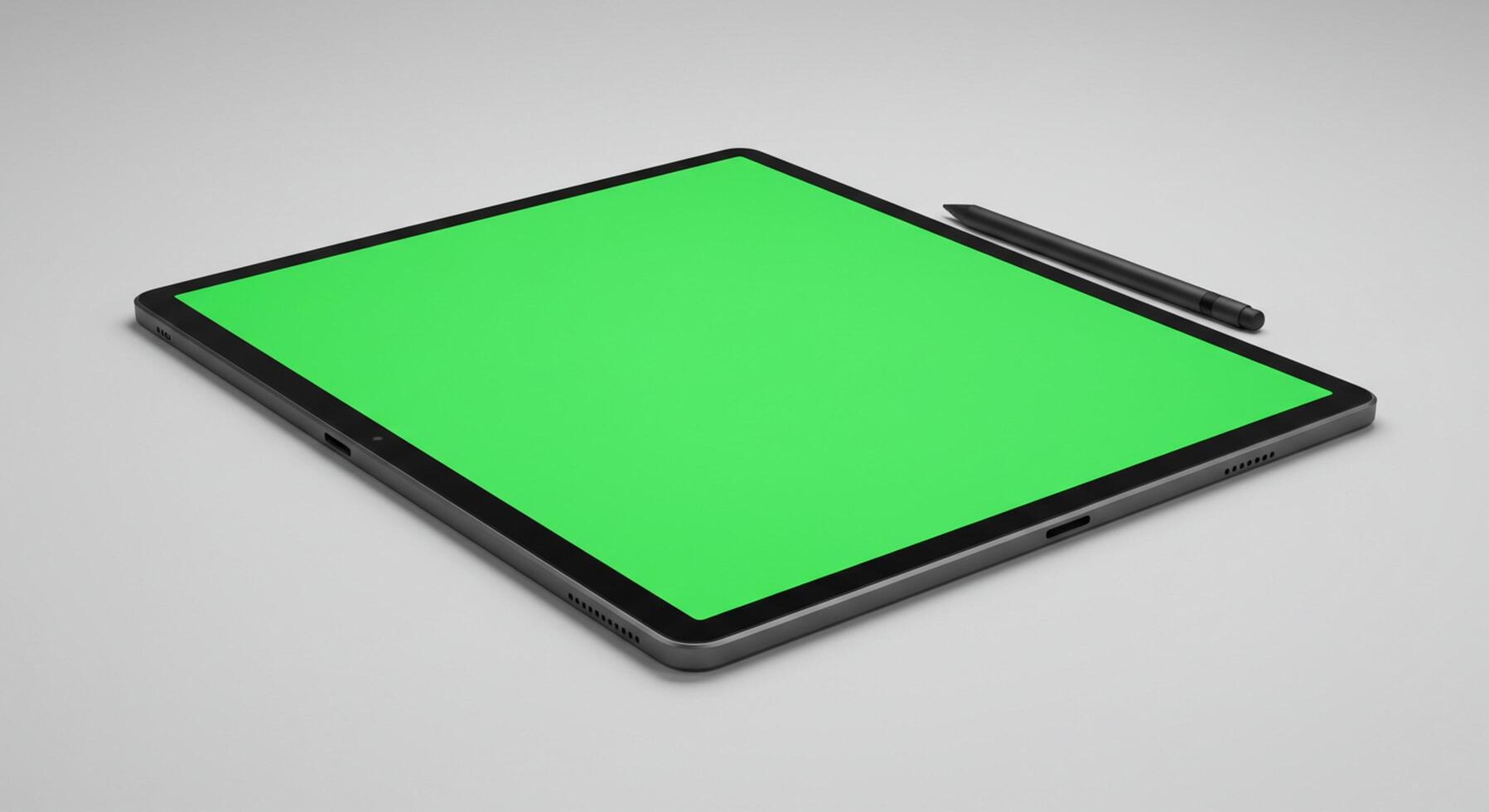 Tablet with green screen and pen on white background photo