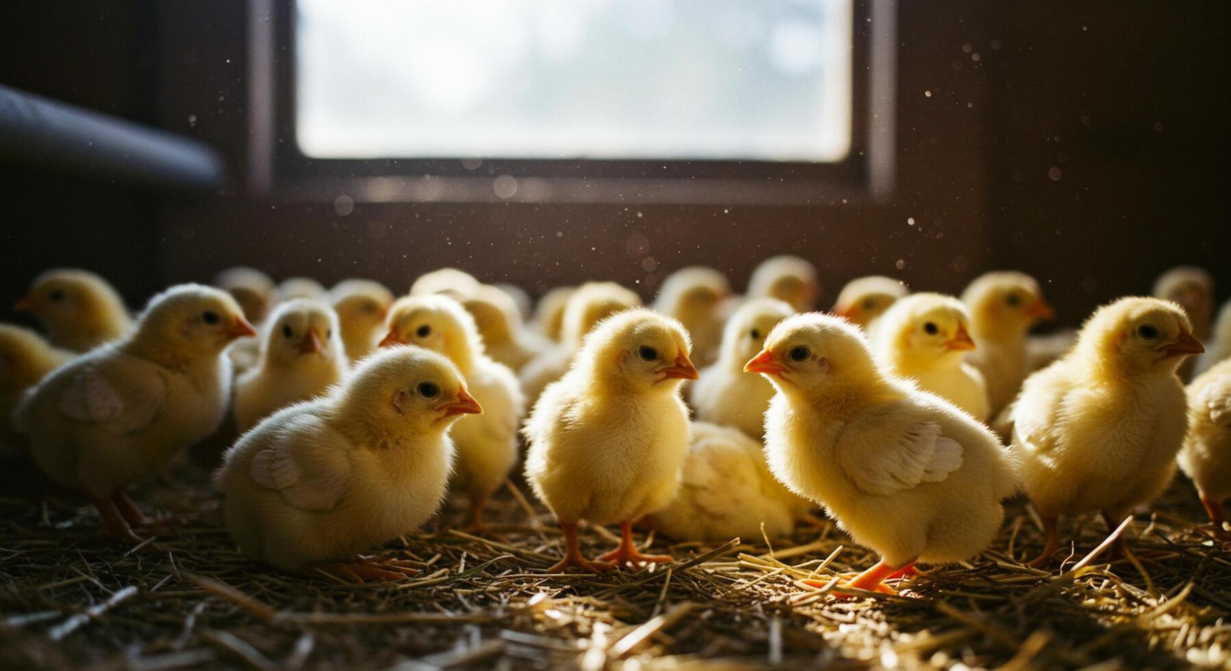 A group of small chickens in a barn photo