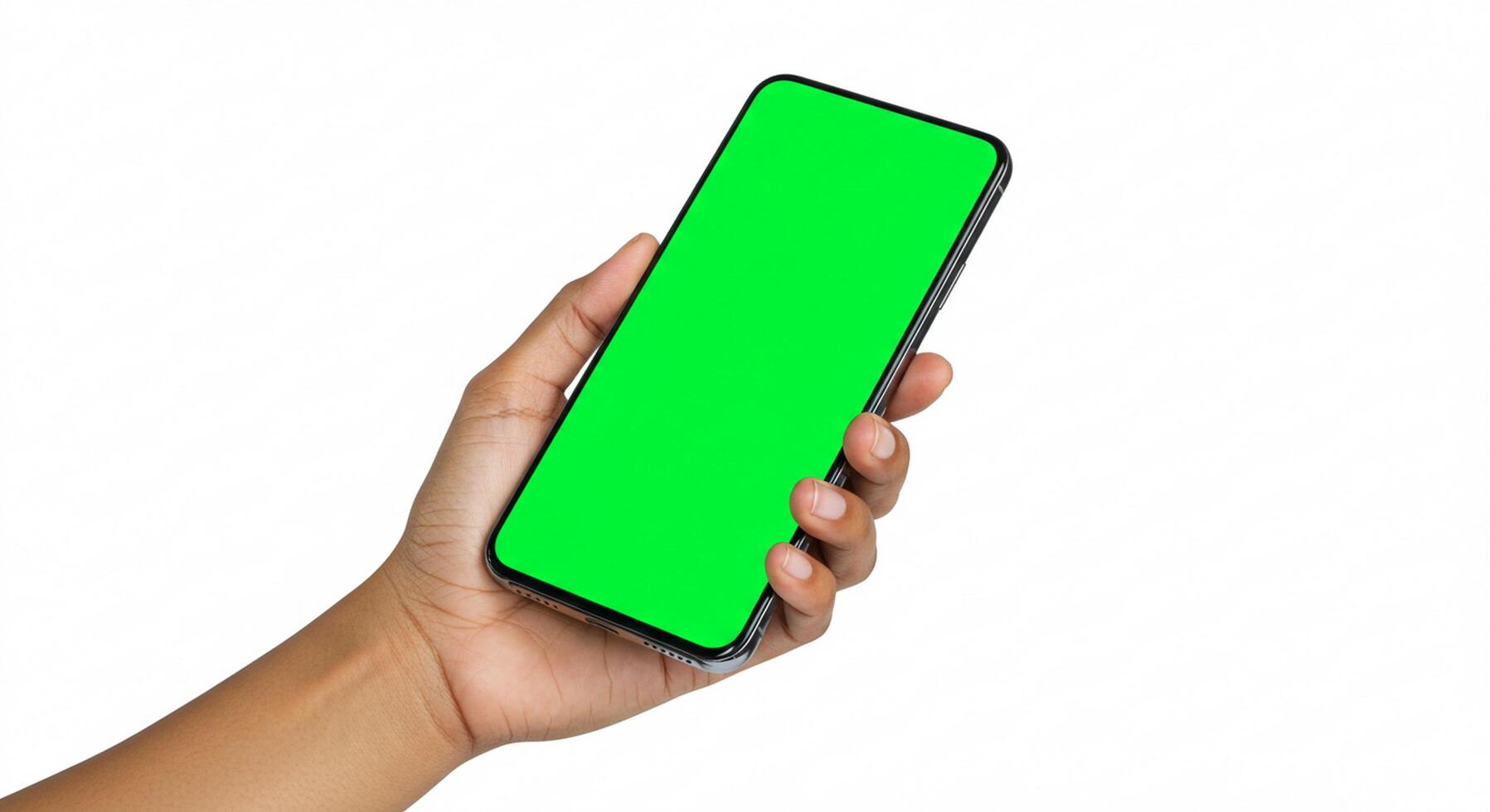 A hand holding a green screen on a white background photo