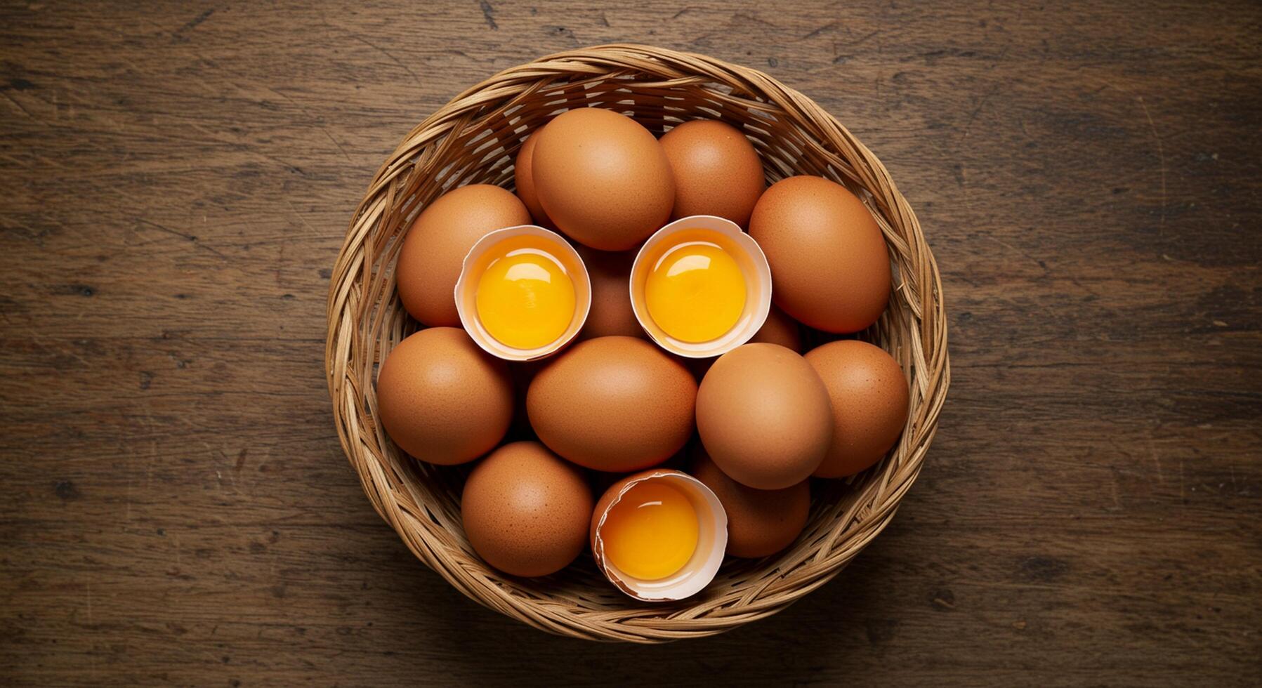 A basket full of eggs on a wooden table photo