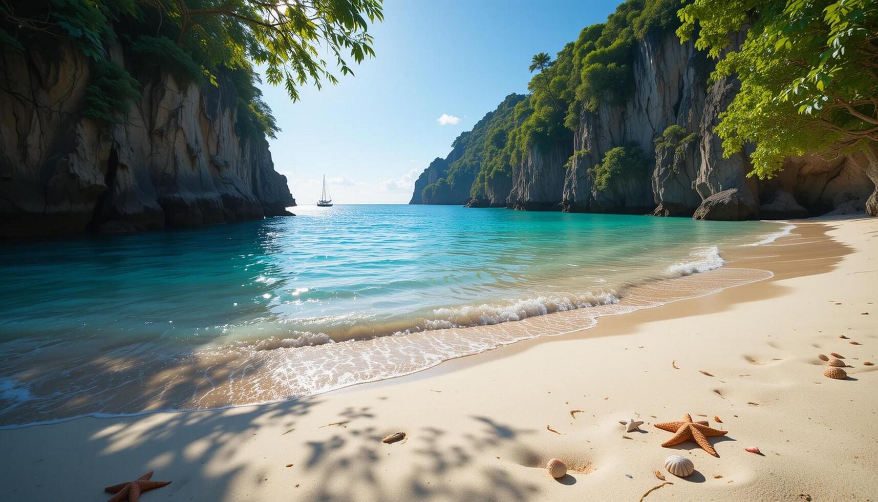 A beach with sand and rocks on the shore photo