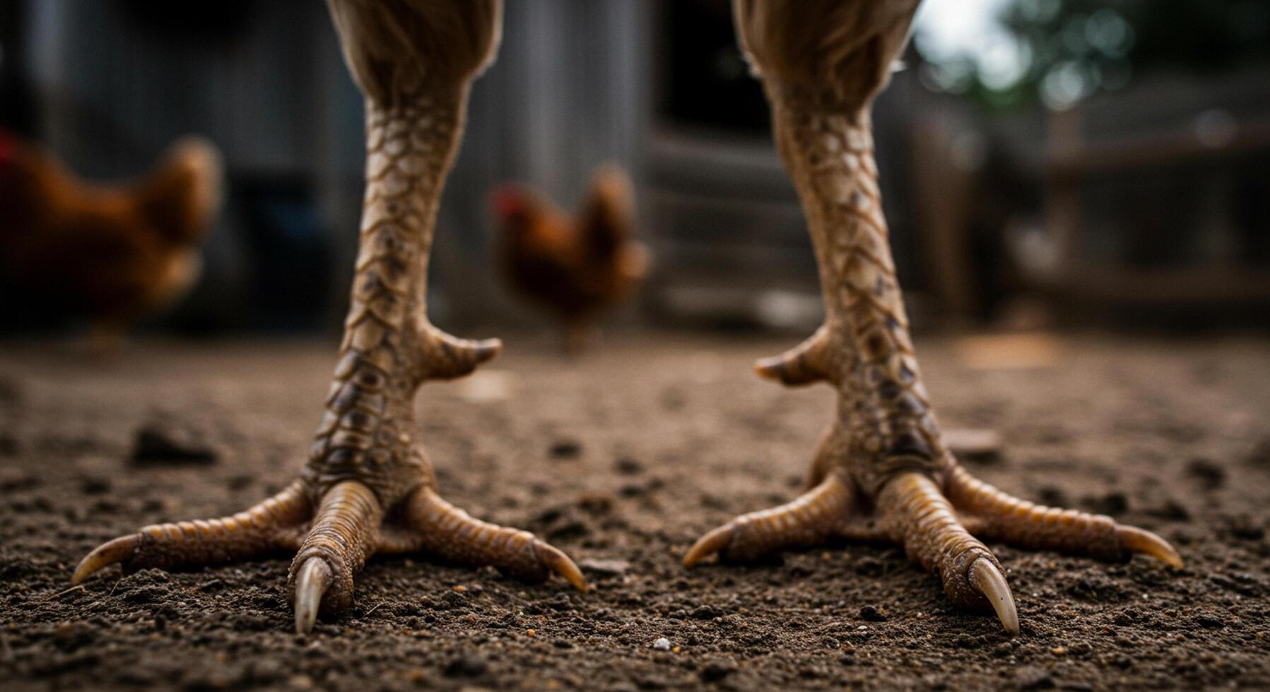 A chicken's feet are shown in a dirt field photo
