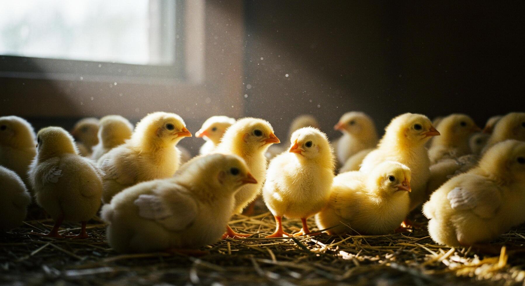 A group of small chickens are standing in a barn photo