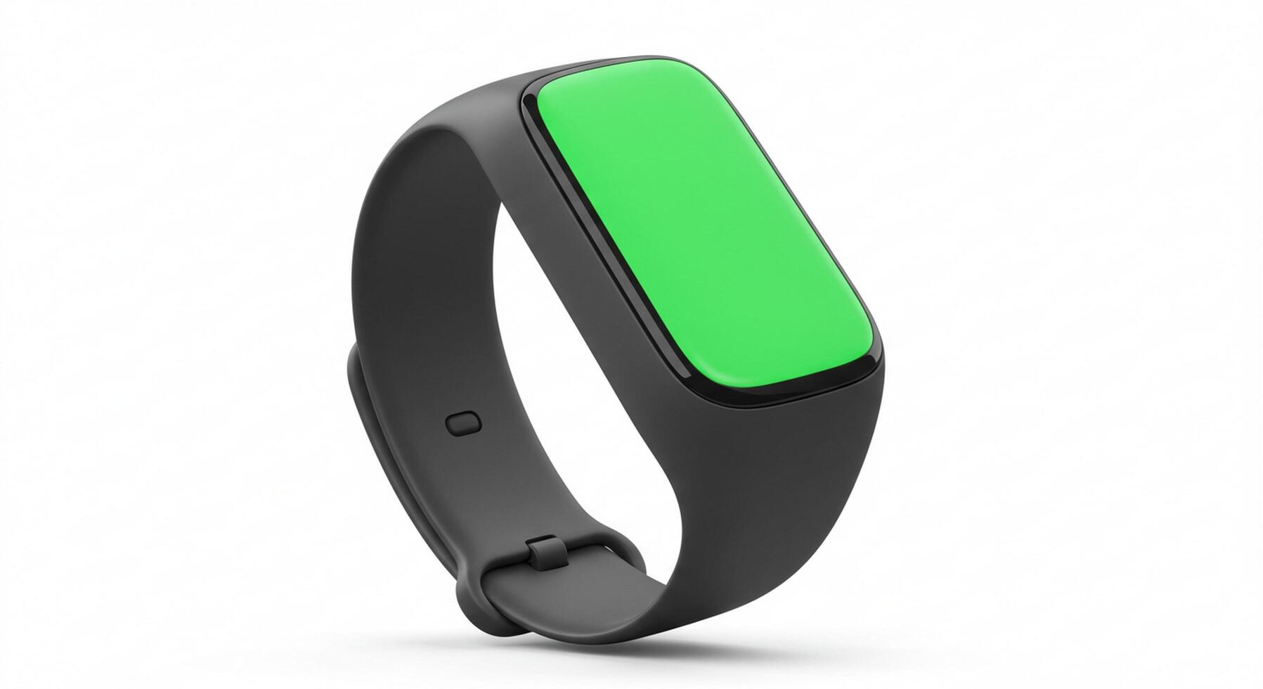 A green smart watch with a black band photo