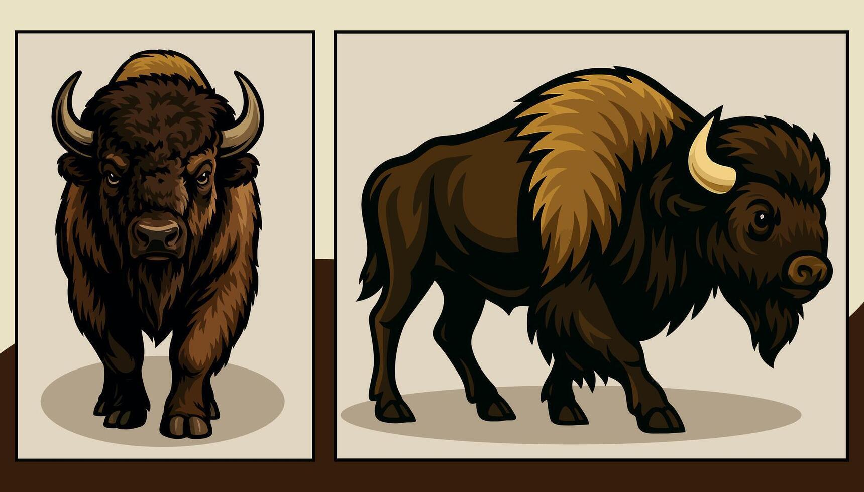 Bison front and side view cartoon illustration vector