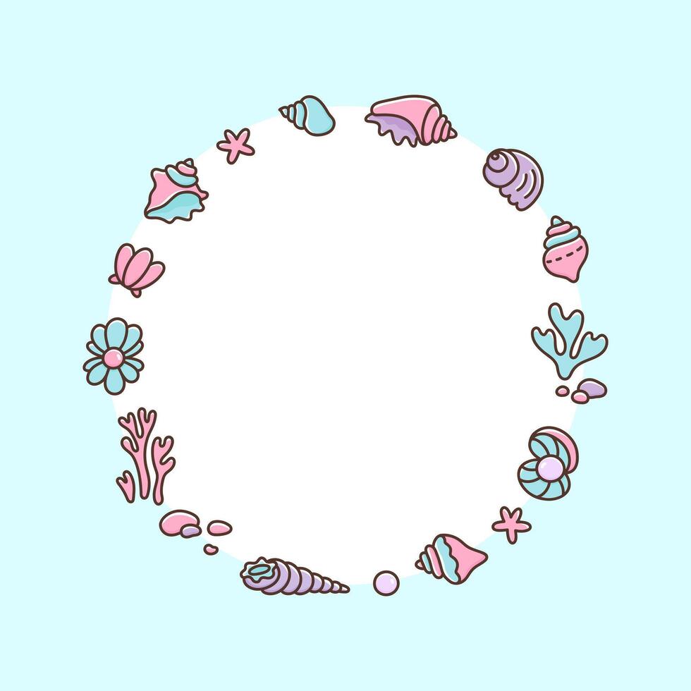 Circle frame of sea or ocean life elements. Border decorated of undersea shells, stars, pearls, corals, pebbles. Colorful illustration vector