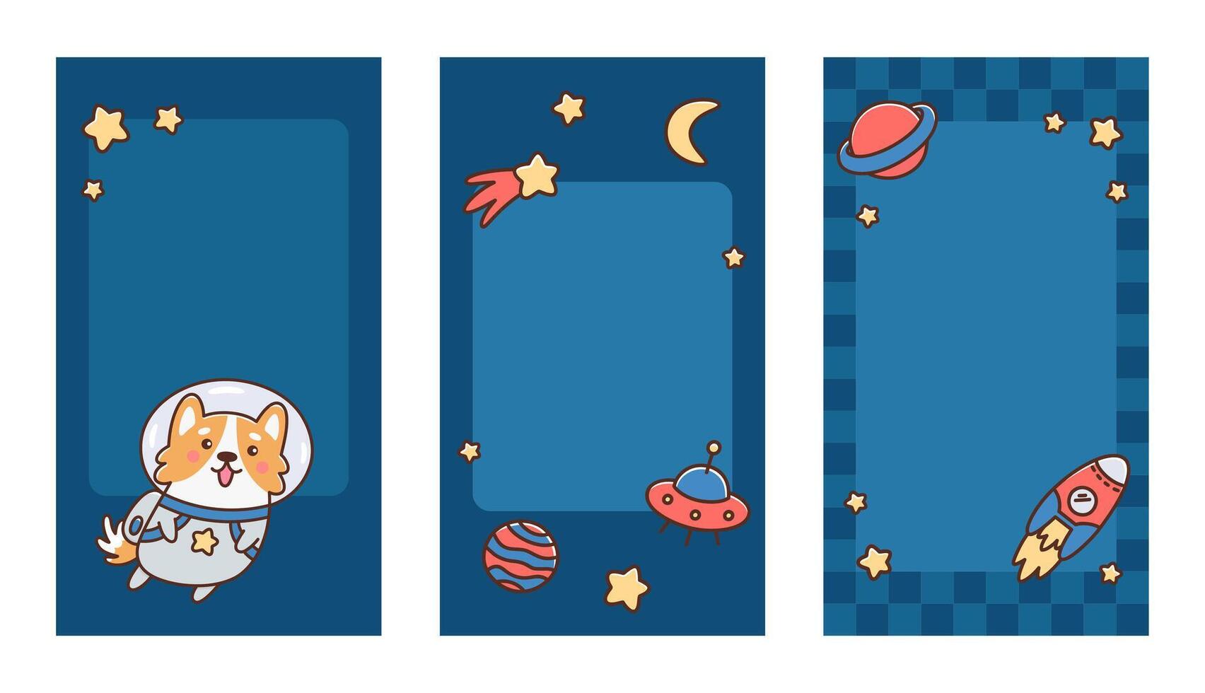 Trendy stories templates for social media. Set of vertical frames for Cosmonautics Day. Backgrounds with corgi dog astronaut or cosmonaut, stars, planets, rocket, moon. Space wallpapers vector