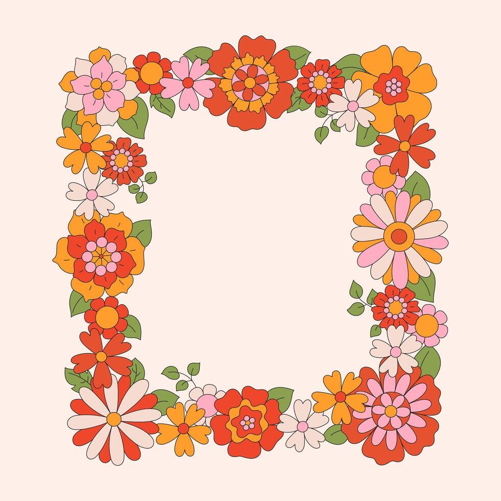 70s 60s retro groovy wreath of hippie daisy flowers. Floral square or rectangular frame on beige background. Hand-drawn illustration border in vintage boho style vector