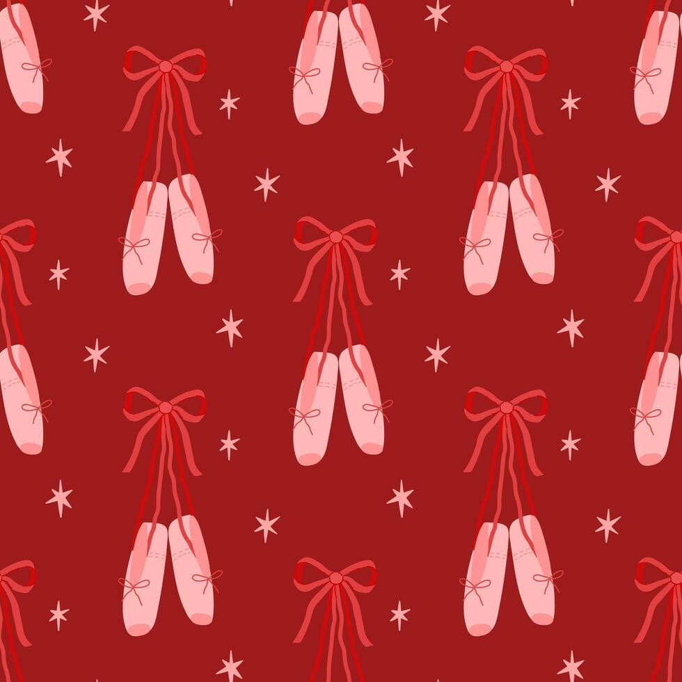 Seamless pattern of coquette ballet shoes with ribbon, bow, stars. Hanging pair of ballerina pointe shoes. Ballet slippers for classic elegant dance. Flat style illustration on red background vector