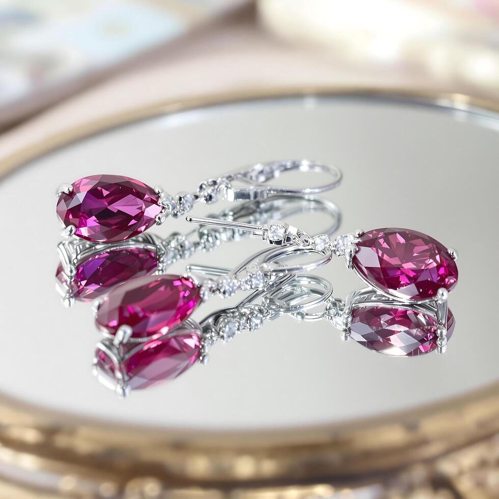 Platinum Ruby Drop Earrings with Diamond Accents photo