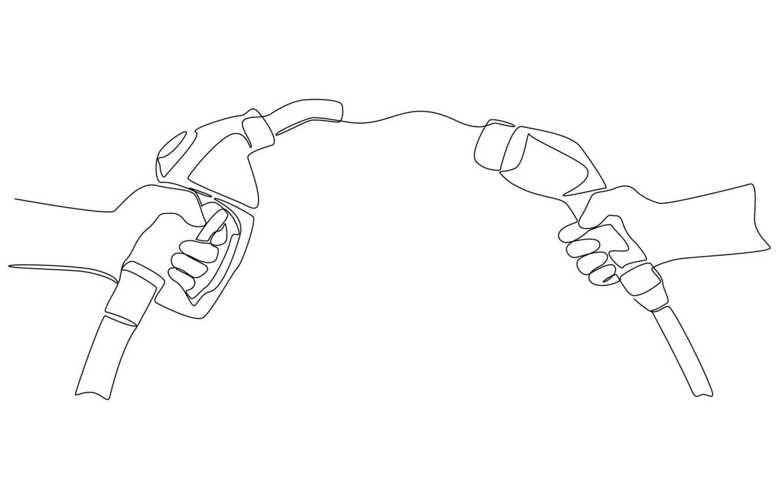 Continuous one line drawing of hand holding a fuel nozzle and the other hand holding electric charging plug, competition between fossil fuel and modern electric energy sources in automotive industry vector