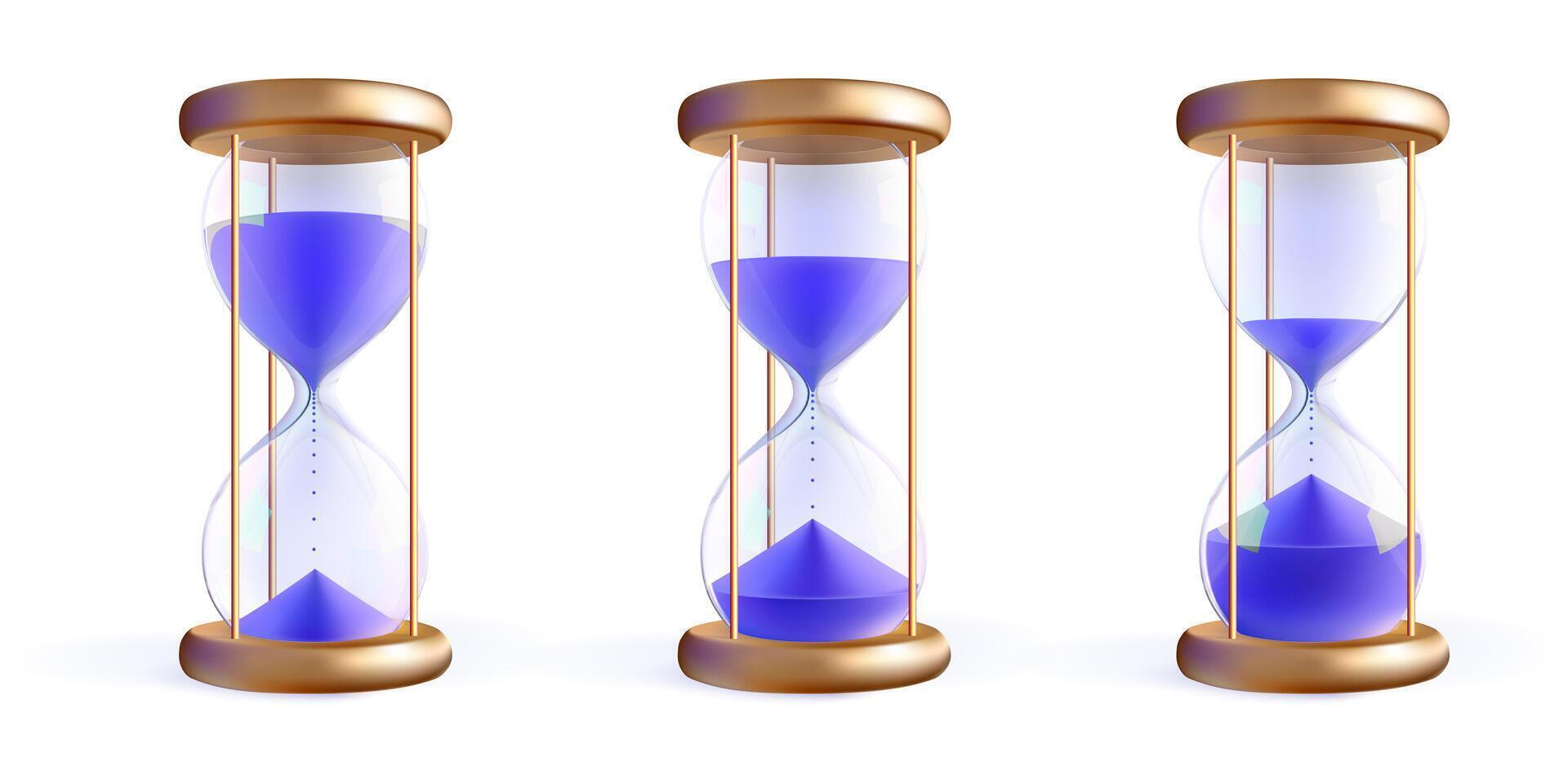 Hourglass purple sand flowing sequence. Time budget 3d glass clock countdown. Realistic crystal transparent modern bulb of sandglass. Golden hour countdown, profit period alert. Flash sale promo icon vector