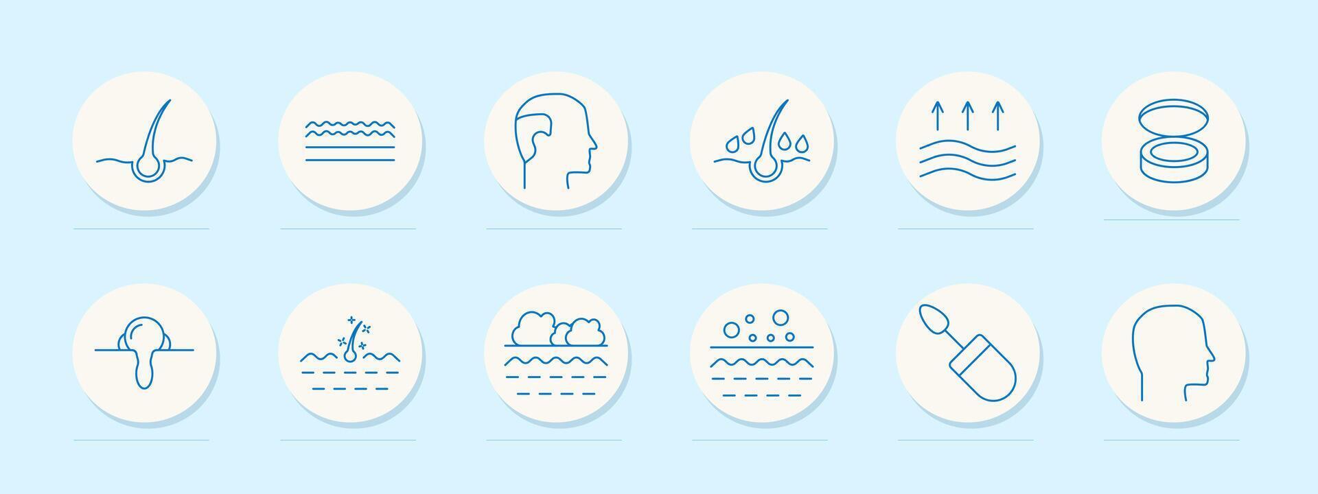 Hair health set icon. Follicle, scalp, profile, moisture, airflow, cream, pore, curl, shine, clouds, hydration, layers, serum, contour vector