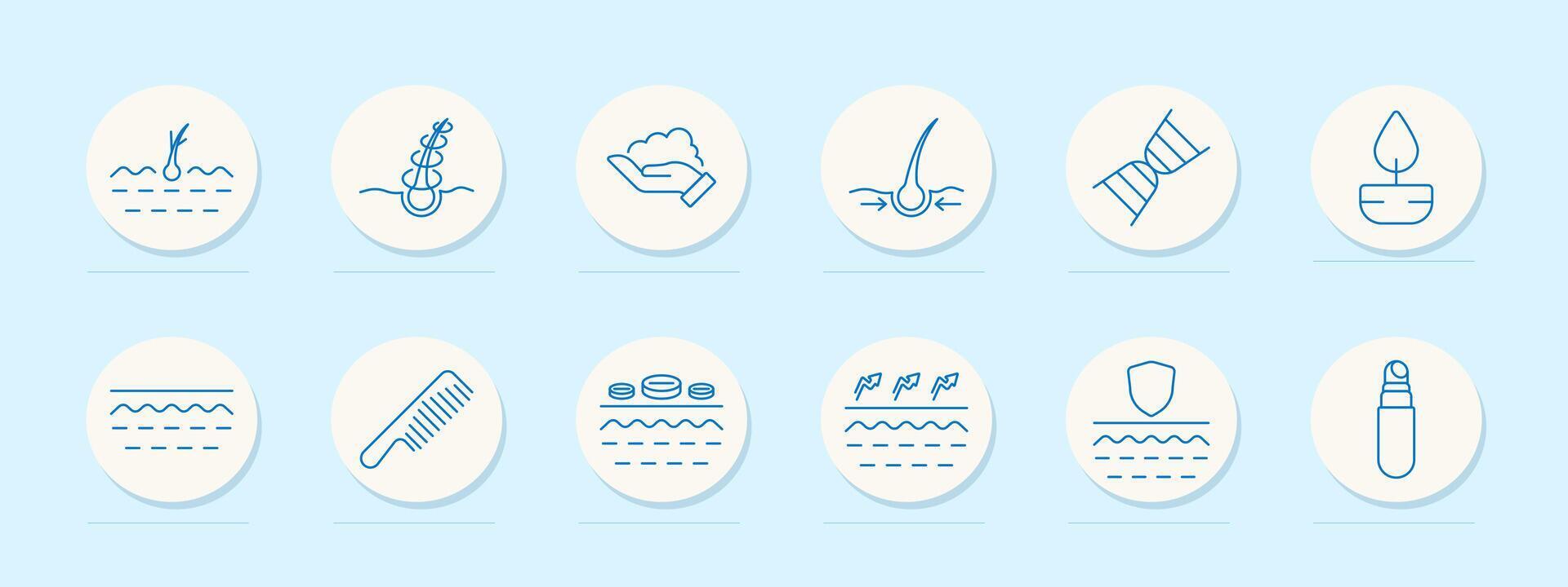 Hair growth set icon. Root, curl, hand, follicle, dna, leaf, layer, comb, capsule, arrows, shield, bottle, serum, care vector