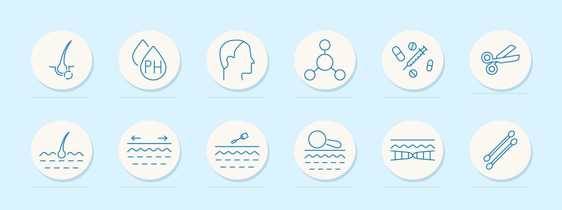 Hair diagnostics set icon. Follicle, pH, scalp, molecule, pills, scissors, serum, pipette, magnifier, dna, analysis, skin, injection, elasticity vector