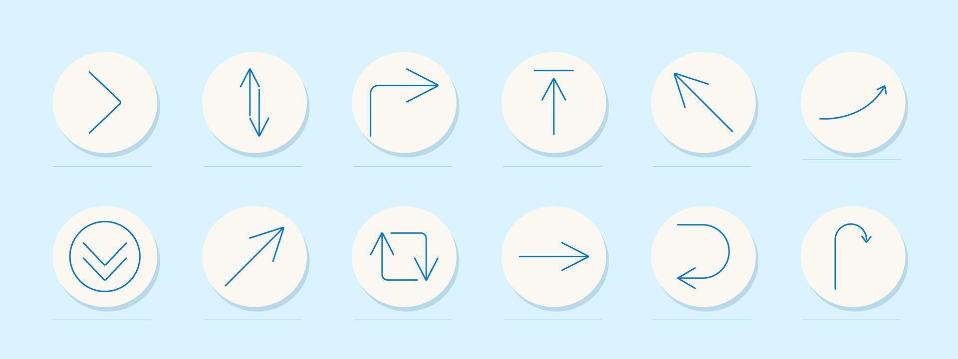 Directional arrows set icon. Right, vertical, corner, up, diagonal, curve, circle, down, square, forward, rotate, return, navigation vector