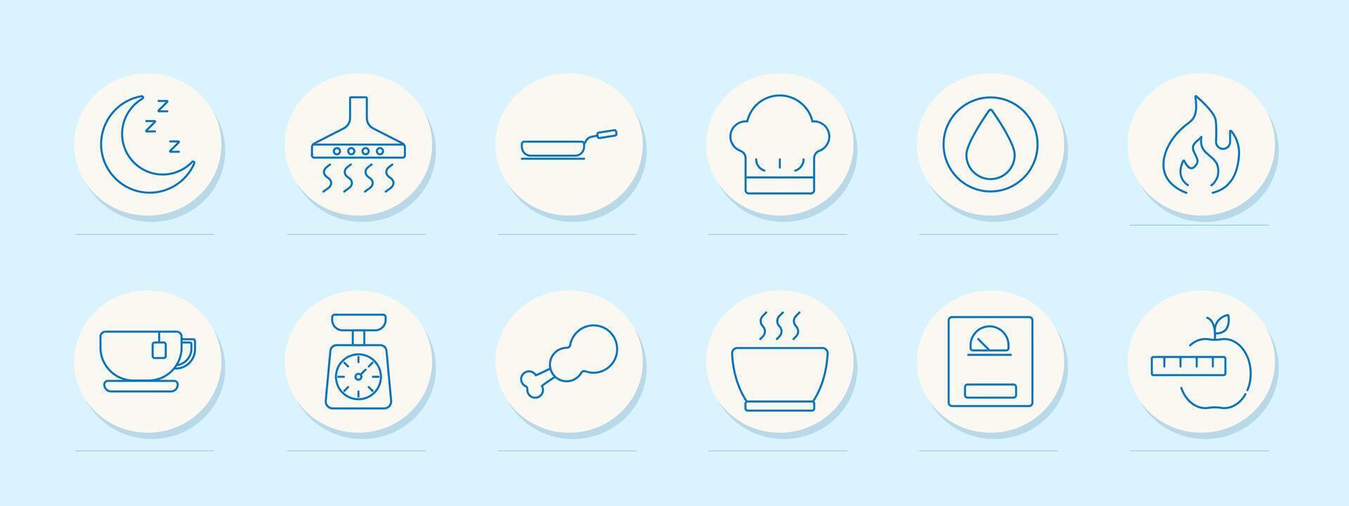 Cooking and nutrition set icon. Moon, hood, pan, chef hat, drop, fire, tea, scale, meat, soup, scale, apple, meal, diet vector