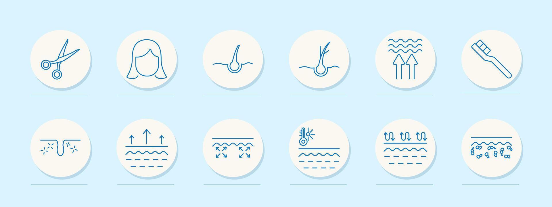 Hair styling set icon. Scissors, woman, follicle, heat, toothbrush, pore, elasticity, humidity, bacteria, texture, wave, damage, care, routine vector
