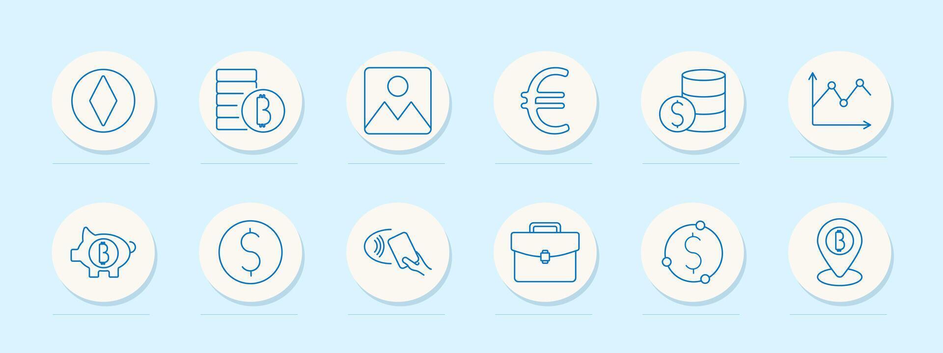 Finance set icon. Cryptocurrency, bitcoin, ethereum, euro, dollar, piggy bank, payment, portfolio, location, exchange, graph, wallet, transaction, market, growth, coin vector